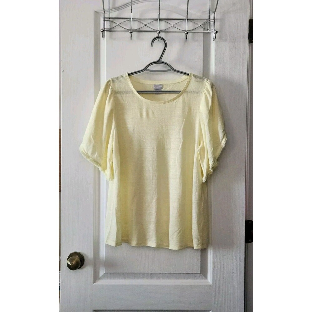 Chico's‎ Womens Yellow Linen Top Blouse SIub Knit Tulip Sleeve Fringe Size M